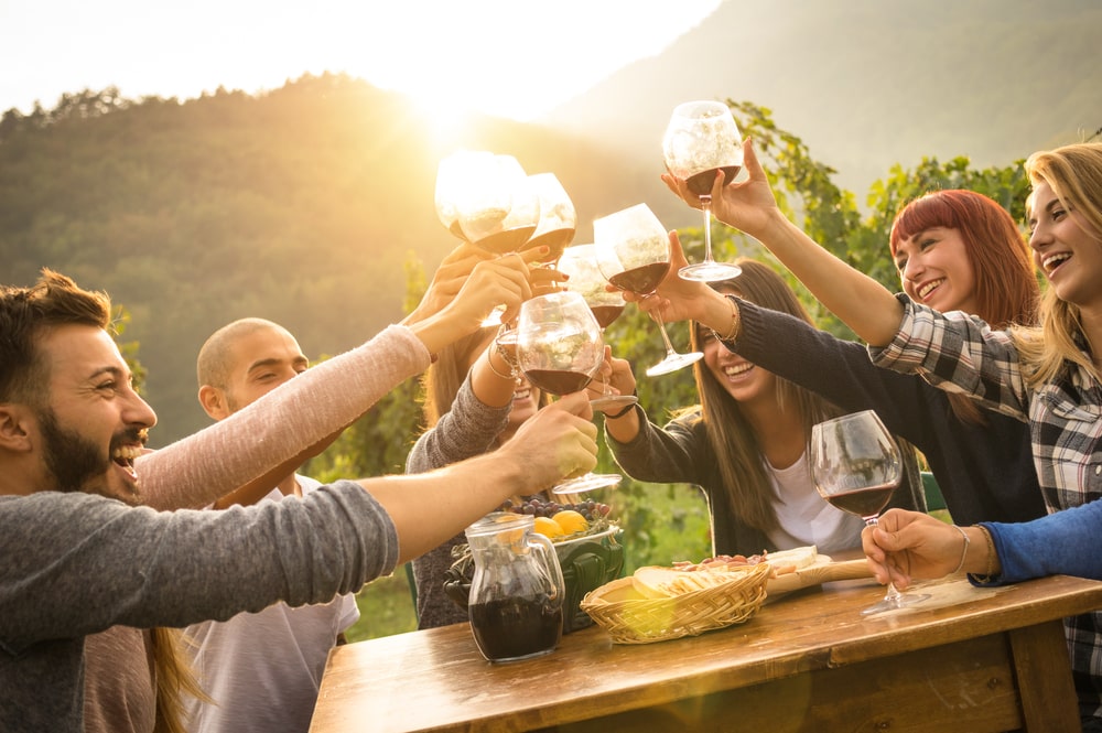 group in high spirits with glasses of wine